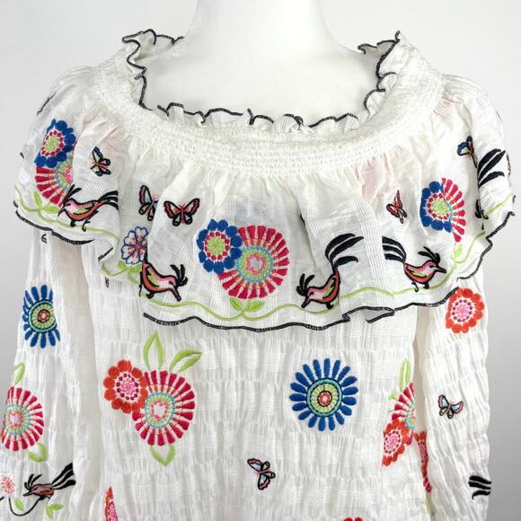 John Mark Embroidered Floral Boho Crinkle Strapless Ruffle Top White Size Large - Picture 9 of 10